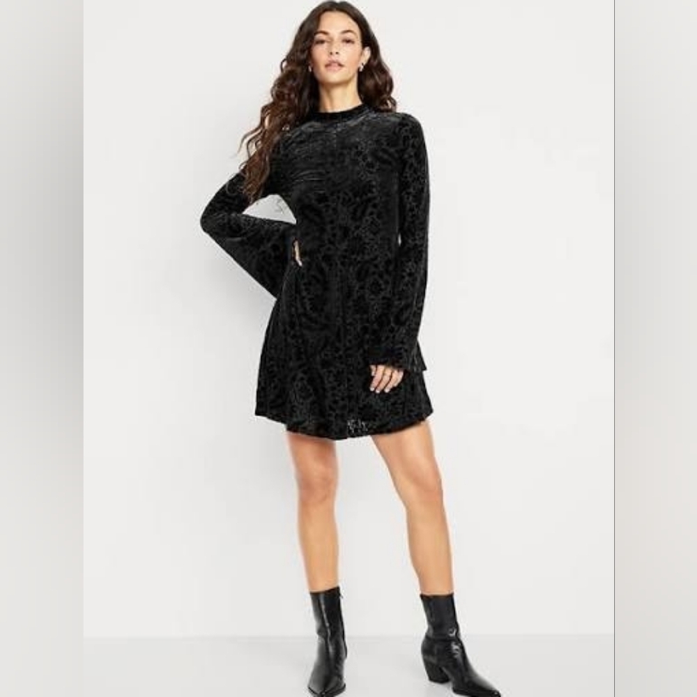 NWT Black Velvet Velour Bell Sleeve Mini Dress